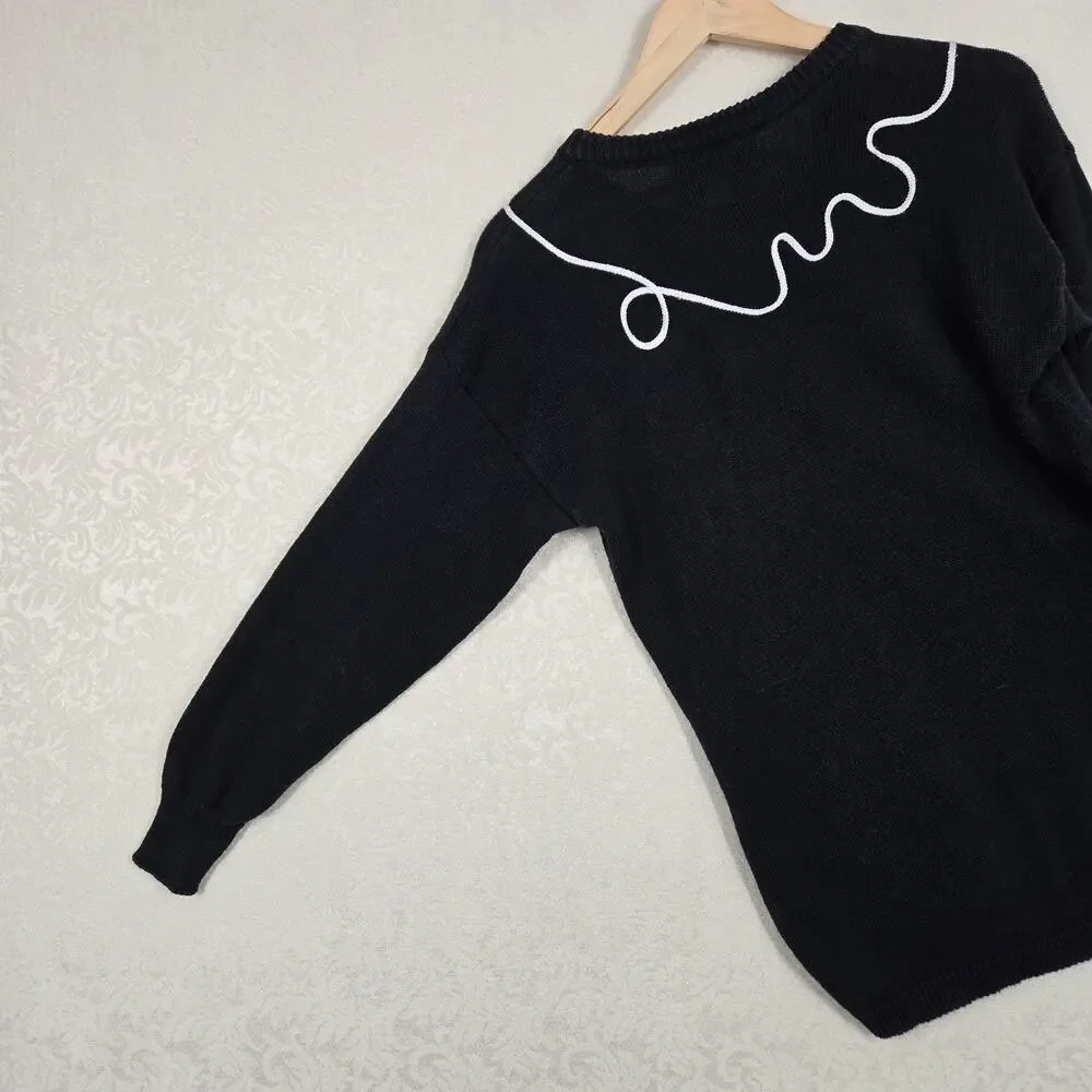 Vintage 90s Novelty Telephone Sweater M Black Graphic Knit Art Teacher